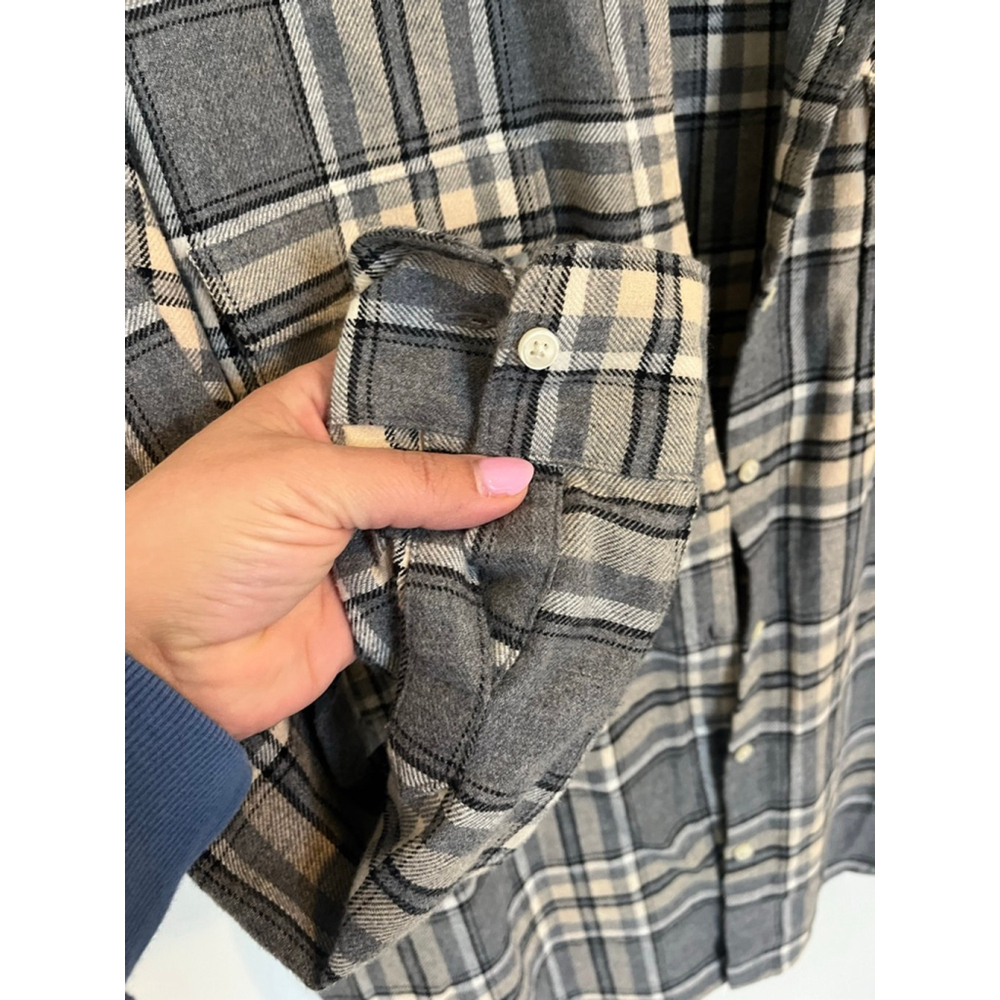 Flannel Plaid Boyfriend Button Down Shirt Gray Beige Soft Old Navy Relaxed Fit - Picture 5 of 8